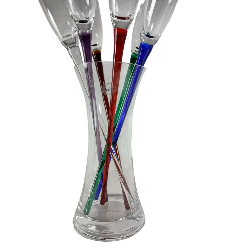 Artland Collection 6 Champagne Wine Flutes Glasses Hand Blown 6oz. Crystals NIB